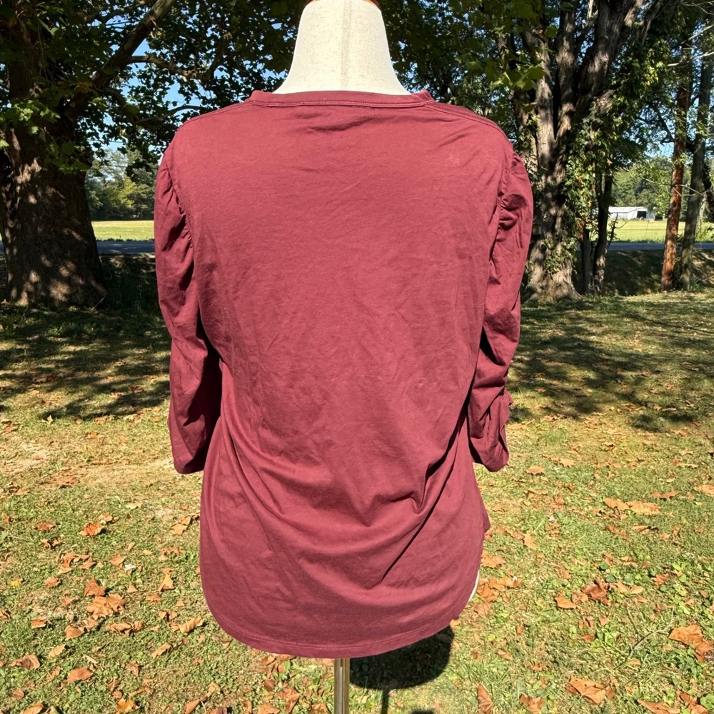 Veronica Beard Jeans Burgundy Designer XL Pima Cotton Ruched Puff Sleeve Top - Picture 2 of 10